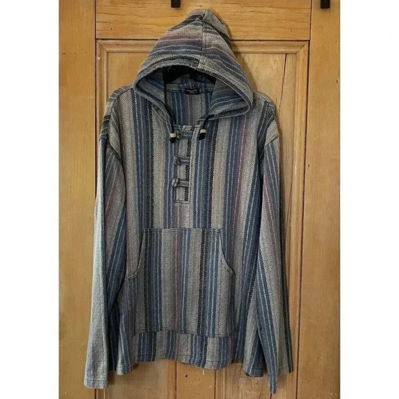 Himalayan Shop Other - Himalayan Shop Mens Striped Pullover Toggle Nepal Hoodie Size Medium Blue NEW